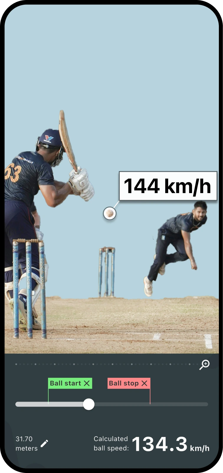 Bowling speed Meter app screenshot showing ball speed measurement from video