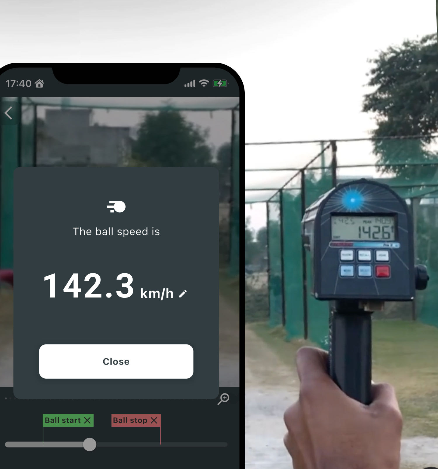 Bowling speed Meter app result next to a real radar speed gun showing matching ball speeds