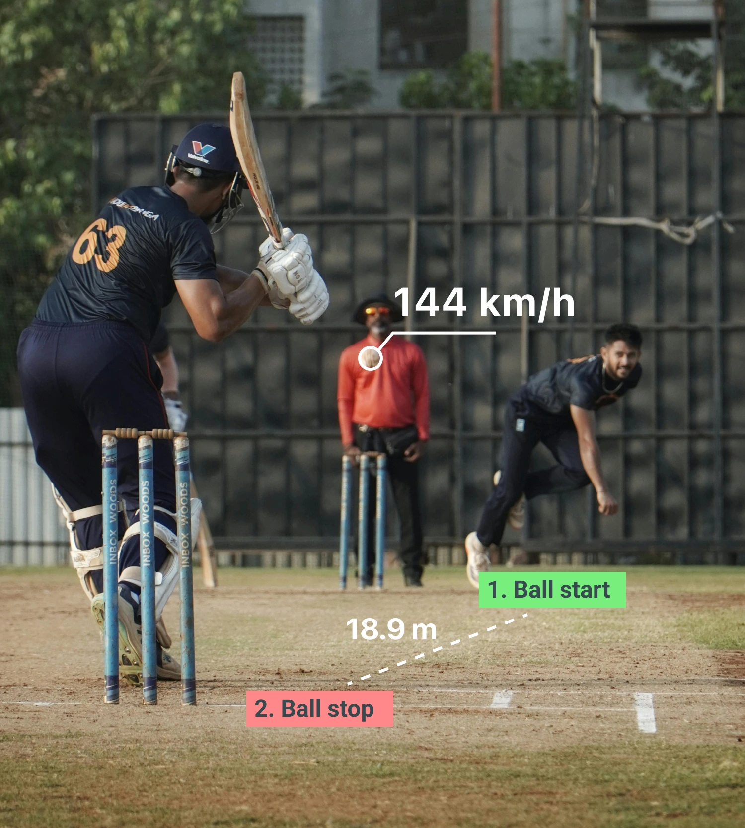 Bowling speed Meter app tracking a cricket ball from release to impact and calculating 144 km/h